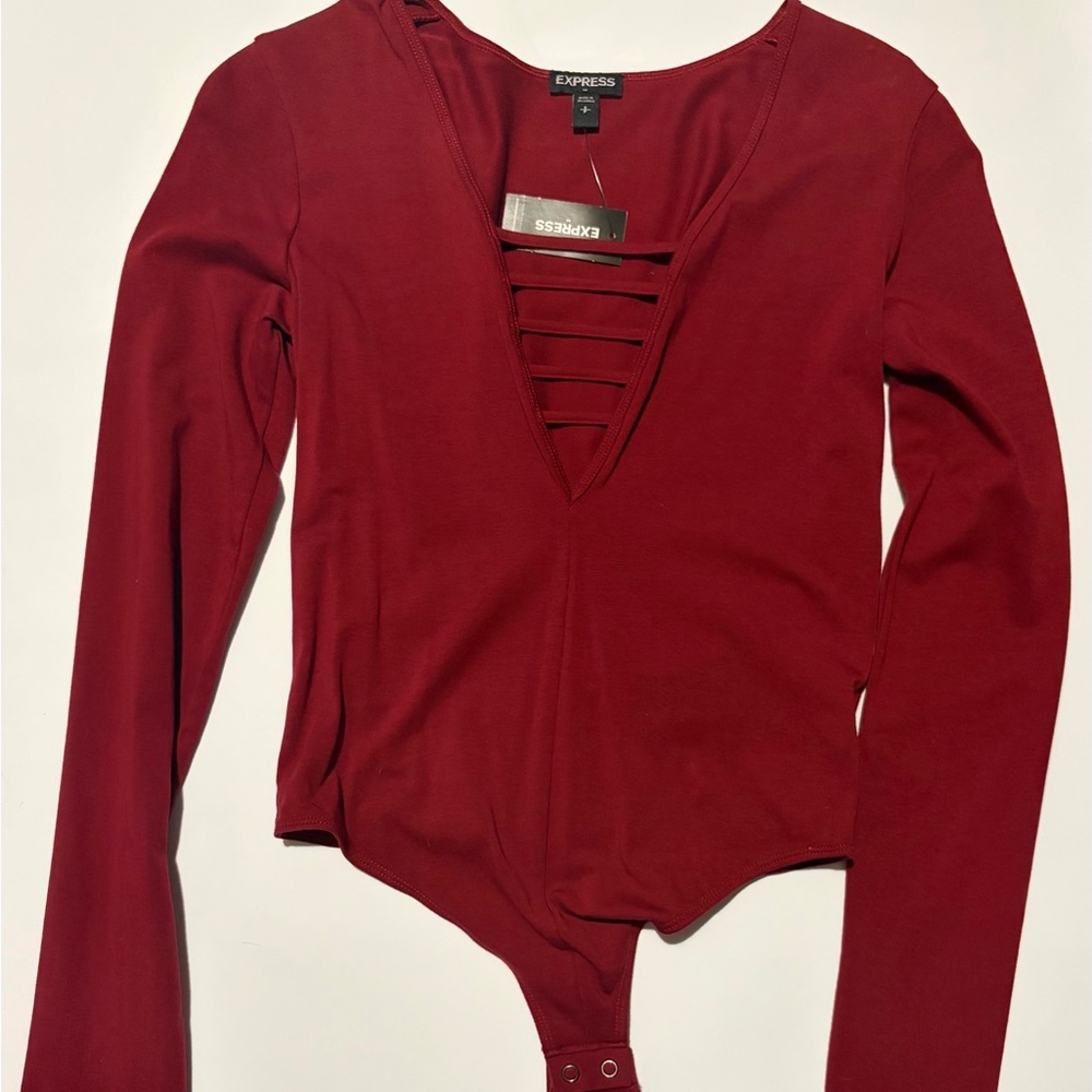 Express Women's Burgundy Long Sleeve Bodysuit